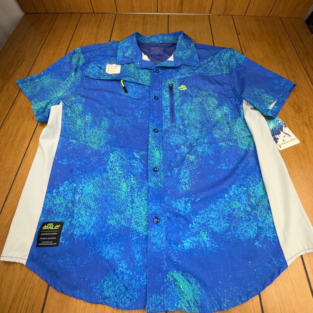 Loco Skailz Mens XXL Fishing Shirt Electric Blue Textured Short Sleeve Button Up